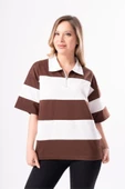 Kadın Polo Yaka Çizgili Oversize T-Shirt - 5