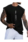 Erkek Dikey Baskılı Oversize Kolsuz T-shirt - 5