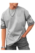Erkek Duman Gri Kol Desenli Oversize T-shirt - 3
