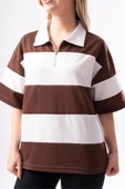 Kadın Polo Yaka Çizgili Oversize T-Shirt - 7