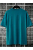 Erkek Petrol Mavi Yaka Baskılı Oversize T-shirt - 3