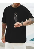 Erkek Siyah V Dikey Baskılı Oversize Bisiklet Yaka T-shirt - 2