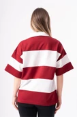 Kadın Polo Yaka Çizgili Oversize T-Shirt - 12