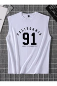 Erkek Beyaz California 91 Baskılı Kolsuz T-shirt - 4