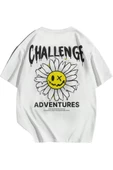 Kadın Beyaz Papatya Baskılı Bisiklet Yaka T-shirt - 1