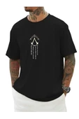 Erkek Siyah V Dikey Baskılı Oversize Bisiklet Yaka T-shirt - 1