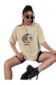 Unisex Bej Ön Yuvarlak Baskılı Oversize Tshirt - 1