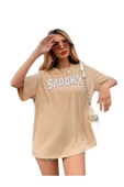 Unisex Bej Spooky Baskılı Oversize T-shirt - 1