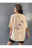 Unisex Bej Pusula Sırt Baskılı Oversize T-shirt - 2