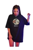 Unisex Siyah Ön Yuvarlak Baskılı Oversize Tshirt - 1