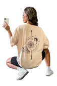 Unisex Bej Pusula Sırt Baskılı Oversize T-shirt - 1