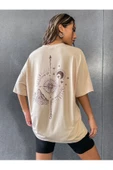 Unisex Bej Pusula Sırt Baskılı Oversize T-shirt - 3