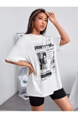 Unisex Beyaz Preetty Girtl Baskılı Oversize T-shirt - 4