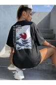 Unisex Siyah Dalga Sırt Baskılı Oversize Tshirt - 2