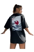Unisex Siyah Dalga Sırt Baskılı Oversize Tshirt - 1