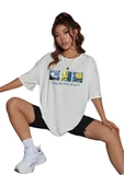 Unisex Beyaz Enjoy Van Gogh Baskılı Bisiklet Yaka Oversize T-shirt - 1