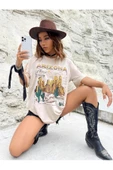 Unisex Bej Arizona Baskılı Oversize Bisiklet Yaka T-shirt - 3