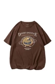 Unisex Kahve Desert Adventure Baskılı Oversize T-shirt - 1