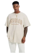 Unisex Bej Chicago States Baskılı Bisiklet Yaka Oversize T-shirt - 1