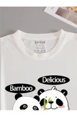 Unisex Beyaz Bamboo Panda Baskılı Oversize Bisiklet Yaka T-Shirt - 2