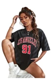 Unisex Los Angeles 91 Baskılı Oversize T-shirt - 2