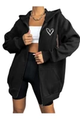 Unisex Gri Kalp Baskılı Ince Mevsimlik Kapşonlu Oversize Hırka - 1