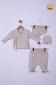 Babyhola Prematüre Serisi 48cm Hastane Çıkışı Kruvaze Üst Patikli Alt Önlük Bere %100 Pamuk 4'lü Takım 22415 - 1
