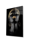 AlpiLeo Altın Saç Dudak Ve Göz Makyajlı Afrikalı Kadın Alp Özel Cam Tablo thumbnail 1