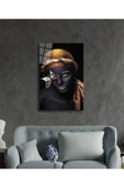 AlpiLeo Siyah Kadın Altın Kelebek Alp Özel Cam Tablo, Ev Ve Ofis Duvar Dekoru thumbnail 2