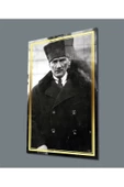 AlpiLeo Gold Şerit Siyah Beyaz Pardesülü Atatürk Portresi Alp Özel Cam Tablo thumbnail 1