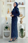 Dal Desenli Simli Tül Büyük Beden Abiye Elbise 1140-1 Lacivert thumbnail 3