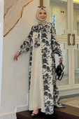 Boyun Bağcıklı Çiçek Desenli Abayalı Elbise Takım 3907 Taş thumbnail 2