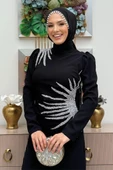 Omuz ve Bel Kısmı Taş Detaylı Abiye Elbise 3909 Siyah thumbnail 4