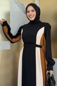 Bel Kuşaklı Üç Renk Elbise 3901 Siyah thumbnail 4
