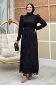 Dal Desenli Simli Tül Büyük Beden Abiye Elbise 1140-1 Siyah thumbnail 1