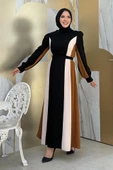 Bel Kuşaklı Üç Renk Elbise 3901 Siyah thumbnail 3
