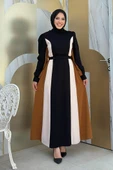 Bel Kuşaklı Üç Renk Elbise 3901 Siyah thumbnail 1