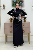 Omuz ve Bel Kısmı Taş Detaylı Abiye Elbise 3909 Siyah thumbnail 1