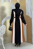 Bel Kuşaklı Üç Renk Elbise 3901 Siyah thumbnail 2