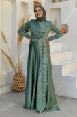 Taş Detaylı Kemer Aksesuarlı Saten Abiye Elbise 5002 Mint thumbnail 1