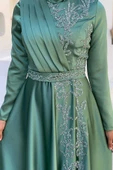 Taş Detaylı Kemer Aksesuarlı Saten Abiye Elbise 5002 Mint thumbnail 4