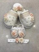 Lohusa Terlik Taç Anne Bebek Takımı İncili Kuru Çiçek  Taç Ecru thumbnail 4