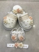 Lohusa Terlik Taç Anne Bebek Takımı İncili Kuru Çiçek  Taç Ecru thumbnail 3