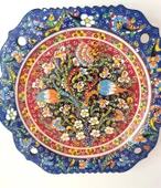 Çini El Yapımı Kabartma Etnik Çiçek Lale Desen Seramik Çini Tabak 30 cm - 6