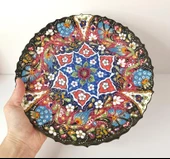 Çini El Yapımı Kabartma Etnik Çiçek  Desen Seramik Çini Tabak 27 cm 17159 - 2