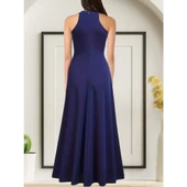 Lucky Life Kadın   Halter Yaka Derin Yırtmaç Detaylı Tam Boy Ithal Krep Abiye Elbise thumbnail 1