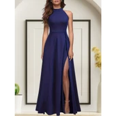 Lucky Life Kadın   Halter Yaka Derin Yırtmaç Detaylı Tam Boy Ithal Krep Abiye Elbise thumbnail 2