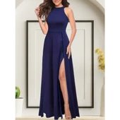 Lucky Life Kadın   Halter Yaka Derin Yırtmaç Detaylı Tam Boy Ithal Krep Abiye Elbise thumbnail 3