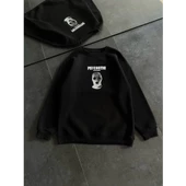 Kışlık Bisiklet Yaka Baskılı SweatShirt - Siyah - 1