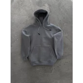 Kapşonlu Üç İplik Penye Basic SweatShirt - Boyalı Gri - 1